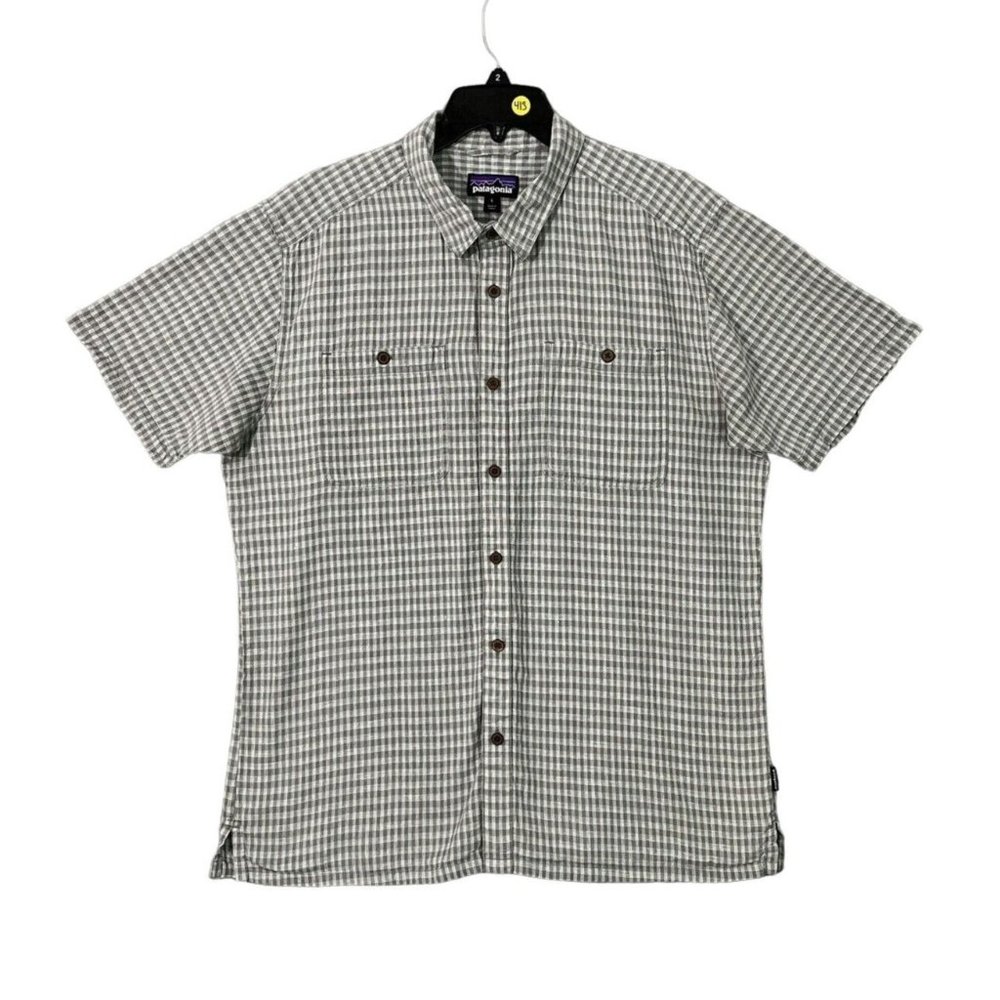Patagonia Shirt Men Sz Lg Hemp Blend All Over Print Check Camp Vintage Shirt Lg
